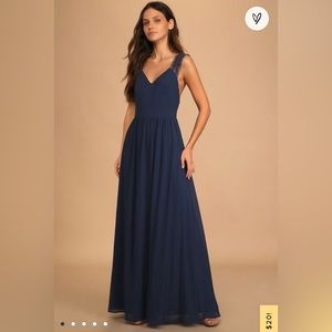Lulus NWT Passionate Promise Navy Blue Lace Strap V Neck Maxi Dress Size Medium